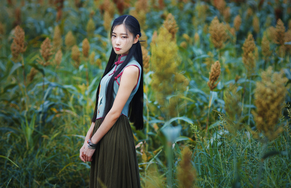 旗袍女子守望在这秋日季节